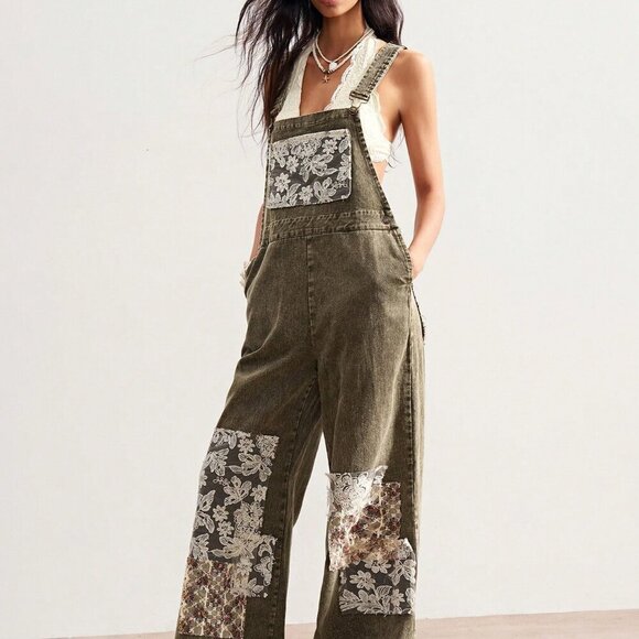 Army Green Casual Womens Boho Woven Loose Washed Patchwork & Lace overalls pants - Picture 4 of 8